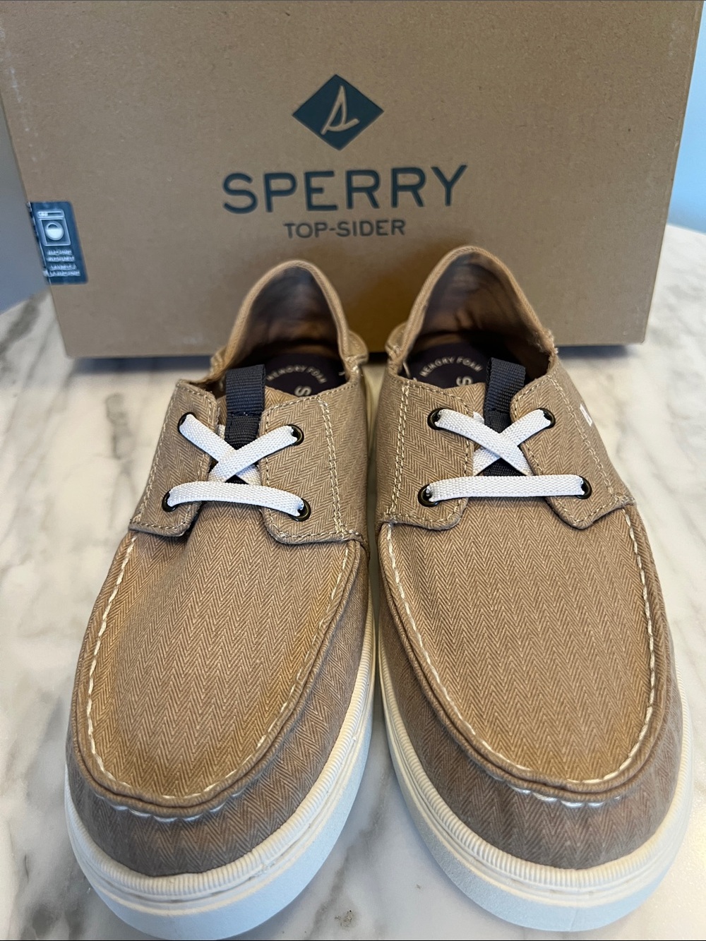 Sperry Men's Tan Canvas Herringbone Boat Shoes with White Laces